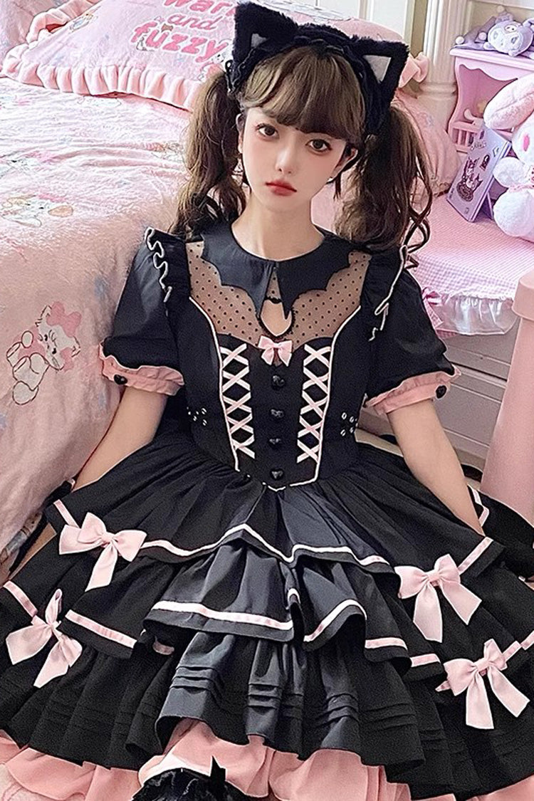 Black/Pink Short Sleeves Multi-layer Ruffle Bowknot Sweet Lolita Dress - Product - 6