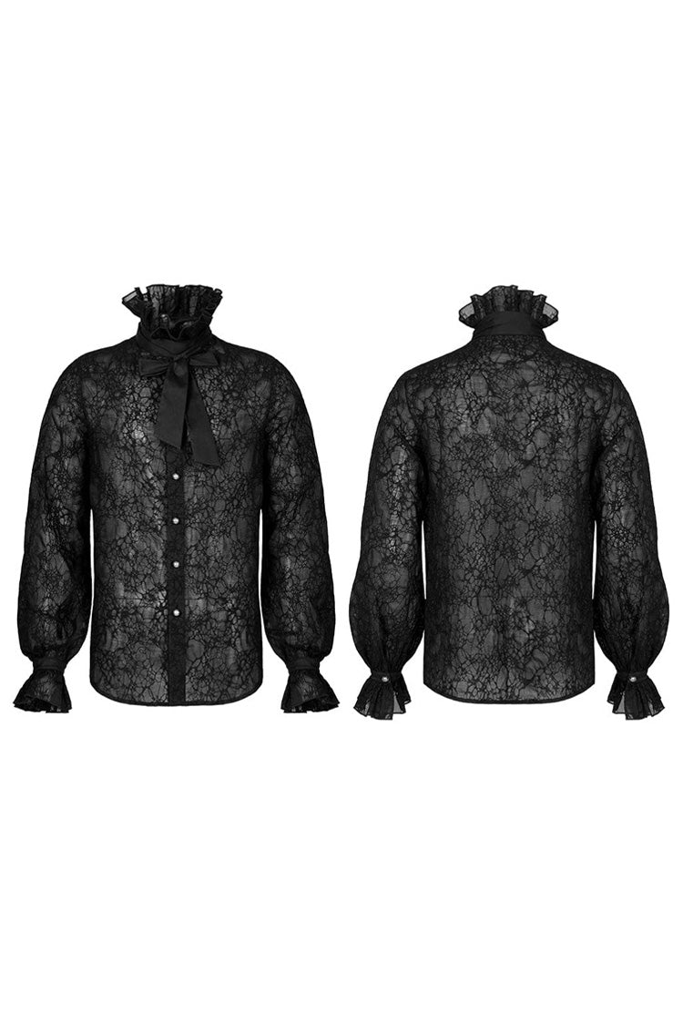 Black Gothic Long Sleeve Mesh Texture Fabric Lace Pleated Ruffle Tie Design Men's Shirt - Product - 5