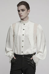 White Stand Collar Long Puff Sleeves Jacquard Ruffle Embroidery Men's Gothic Blouse - White - 1