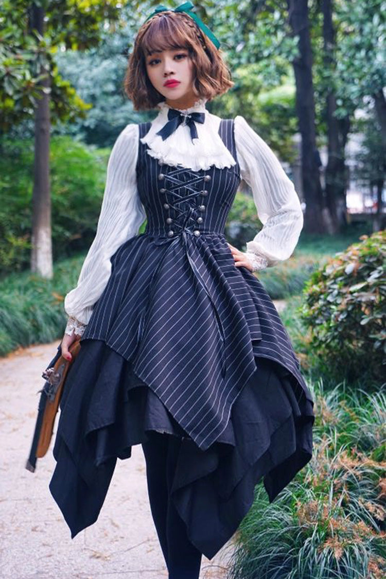 Black Sleeveless Striped Print Lace-Up Irregular Hem Gothic Lolita Dress - Black - 1