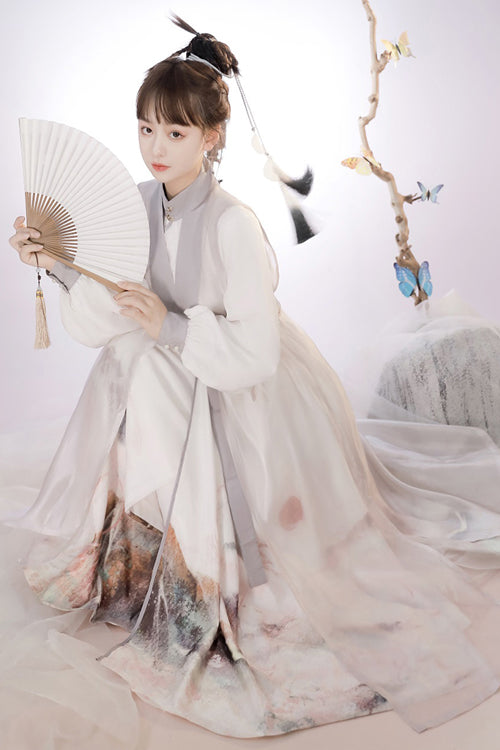 Beige Original Chinese Style Elegant Ink Printing Classic Lolita Hanfu Dress Full Set - Product - 4