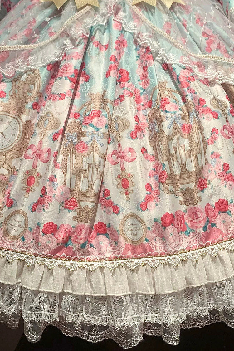 Mint Green/Pink [Rose Garden Prelude] Square Collar Long Trumpet Sleeves Printed Ruffled Bow Lace Lace-Up Sweet Lolita Dress - Product - 12