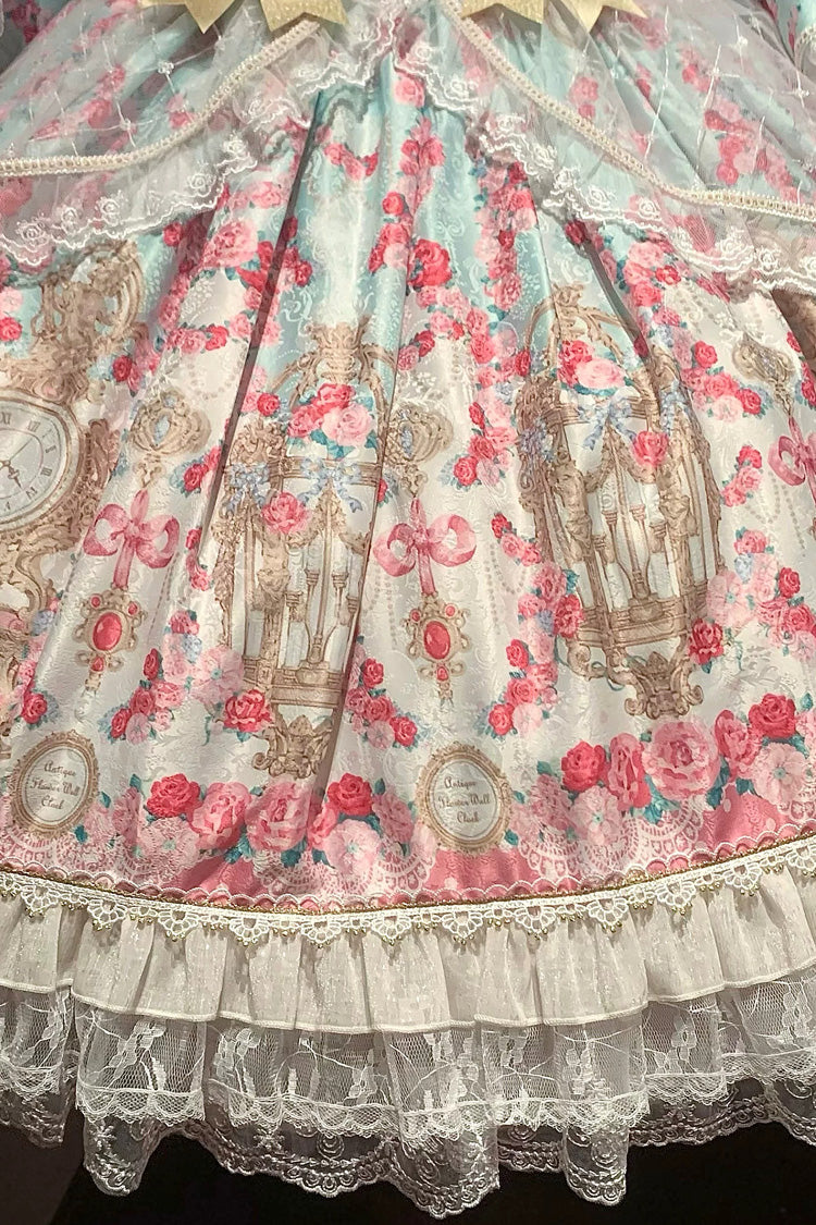 Mint Green/Pink [Rose Garden Prelude] Square Collar Long Trumpet Sleeves Printed Ruffled Bow Lace Lace-Up Sweet Lolita Dress - Product - 12