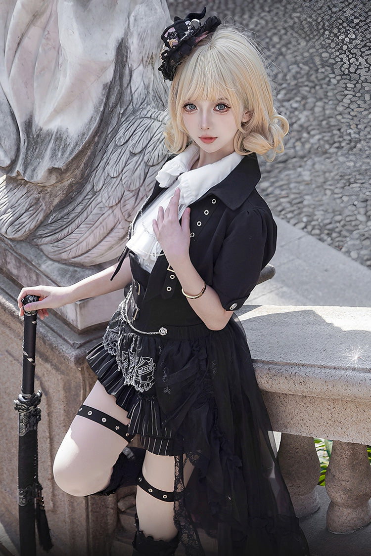 Black Lapel Collar Short Sleeves Lace Prince Ouji Lolita Three-piece Set - Product - 9