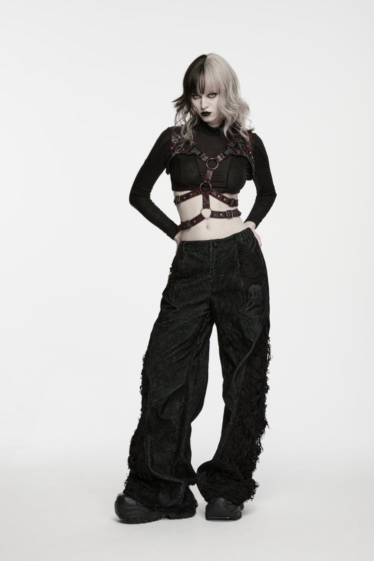 Black Patchwork Ripped Pleated Women's Punk Wide Leg Pants - Product - 4