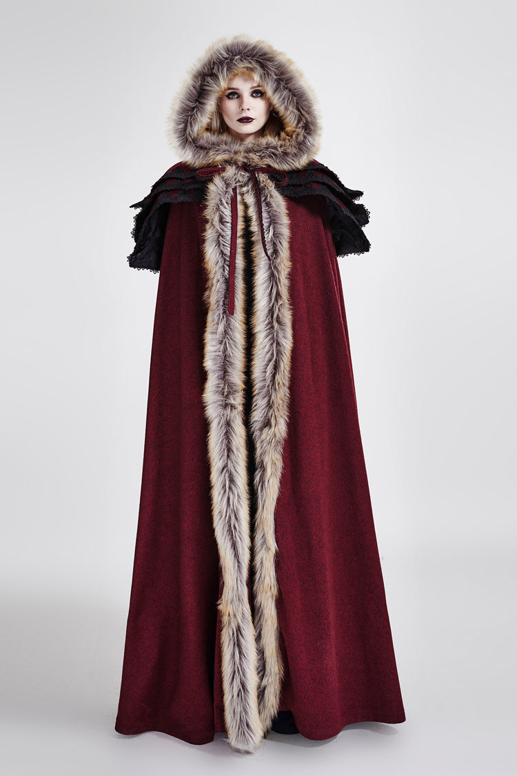 Red Hooded Fur Collar Wool Long Womens Gothic Coat Cloak - Product - 4