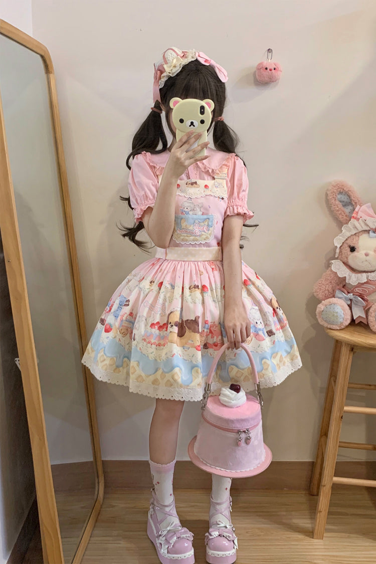 Cream Party Print Bowknot Stitching Lace Sweet (Dress Only) detail view 2