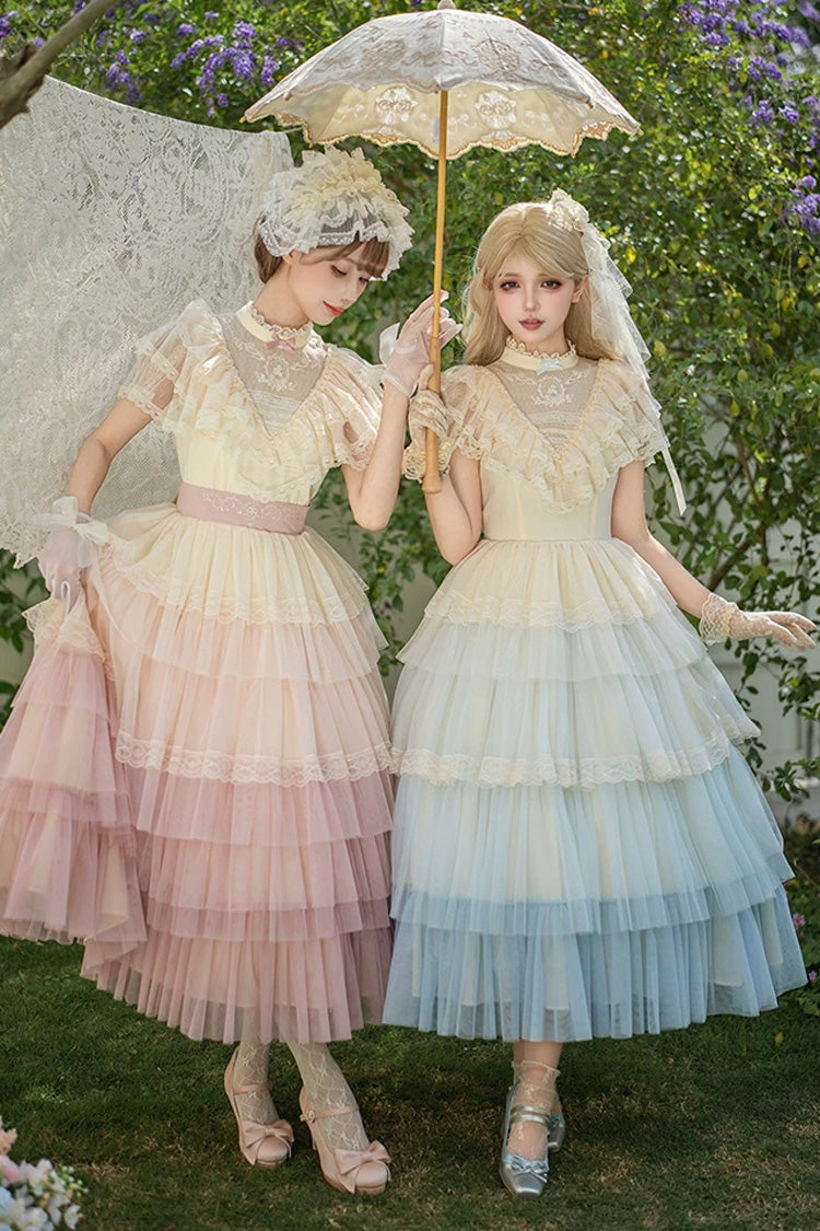 Pink [Sincere Vow] Edwardian Collar Short Sleeves Ombre Multi-Layered Ruffled Embroidered Sweet Lolita Dress - Product - 10