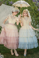 Pink [Sincere Vow] Edwardian Collar Short Sleeves Ombre Multi-Layered Ruffled Embroidered Sweet Lolita Dress - Product - 10