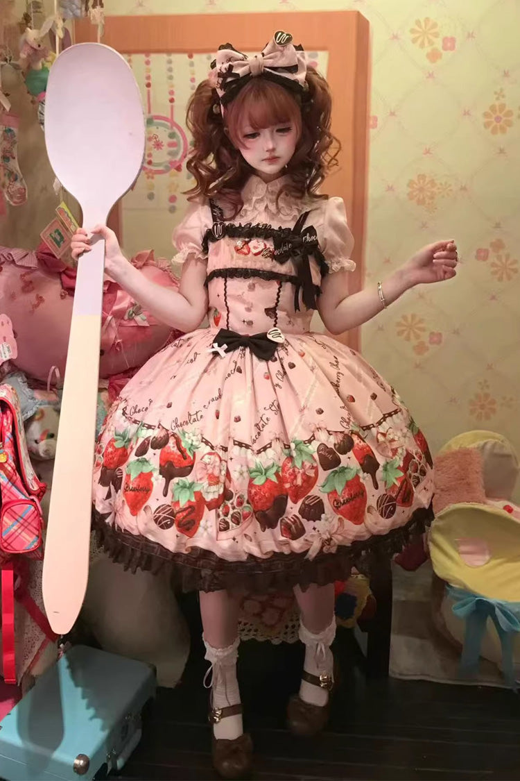 Pink [Strawberry Chocolate Lover] Sleeveless Printed Ruffled Embroidered Bow Lace Sweet Lolita Jsk Dress - Product - 2