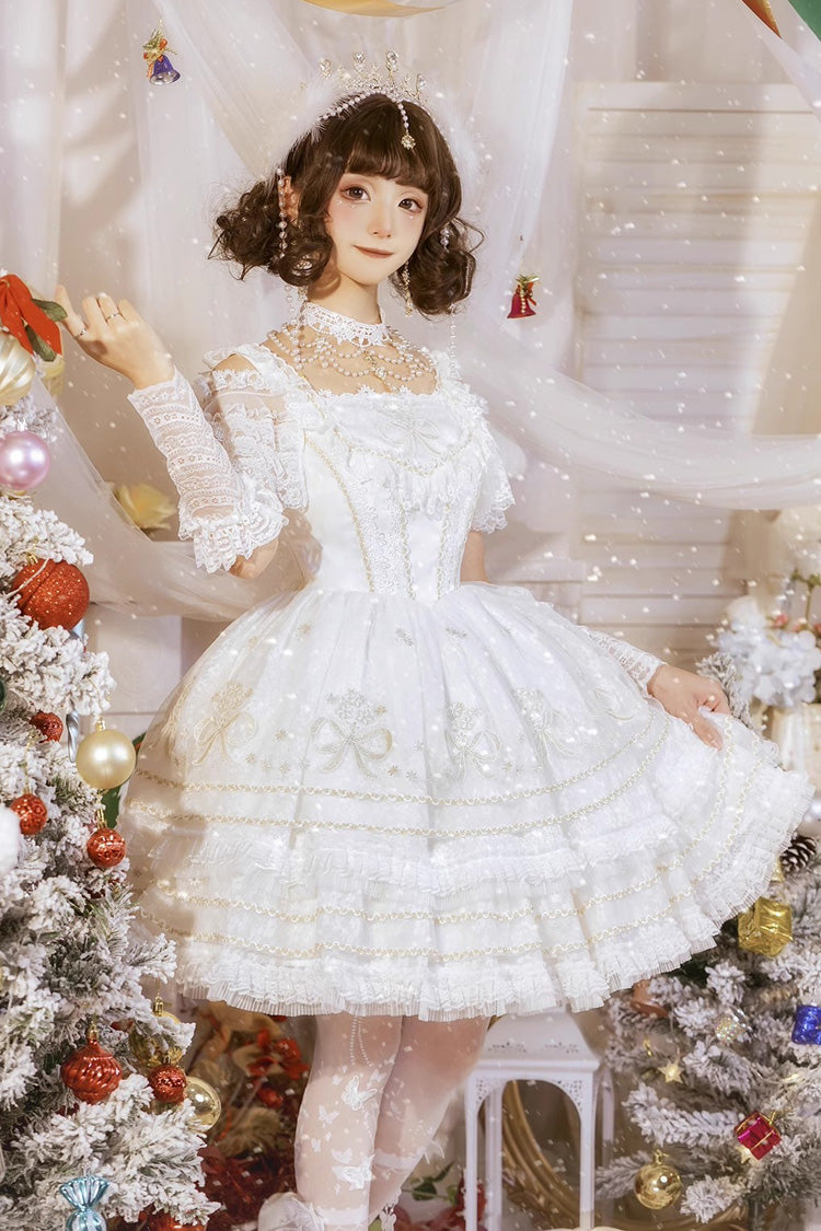 White Multi-layer Dream Dance Print Embroidery Tulle Sweet Princess Lolita Jsk Dress - White - 1