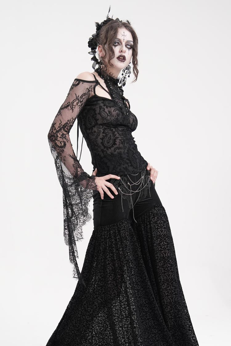 Black Long Sleeves Hollow Lace Mesh Ripped Women's Gothic Blouse - Product - 6