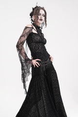 Black Long Sleeves Hollow Lace Mesh Ripped Women's Gothic Blouse - Product - 6