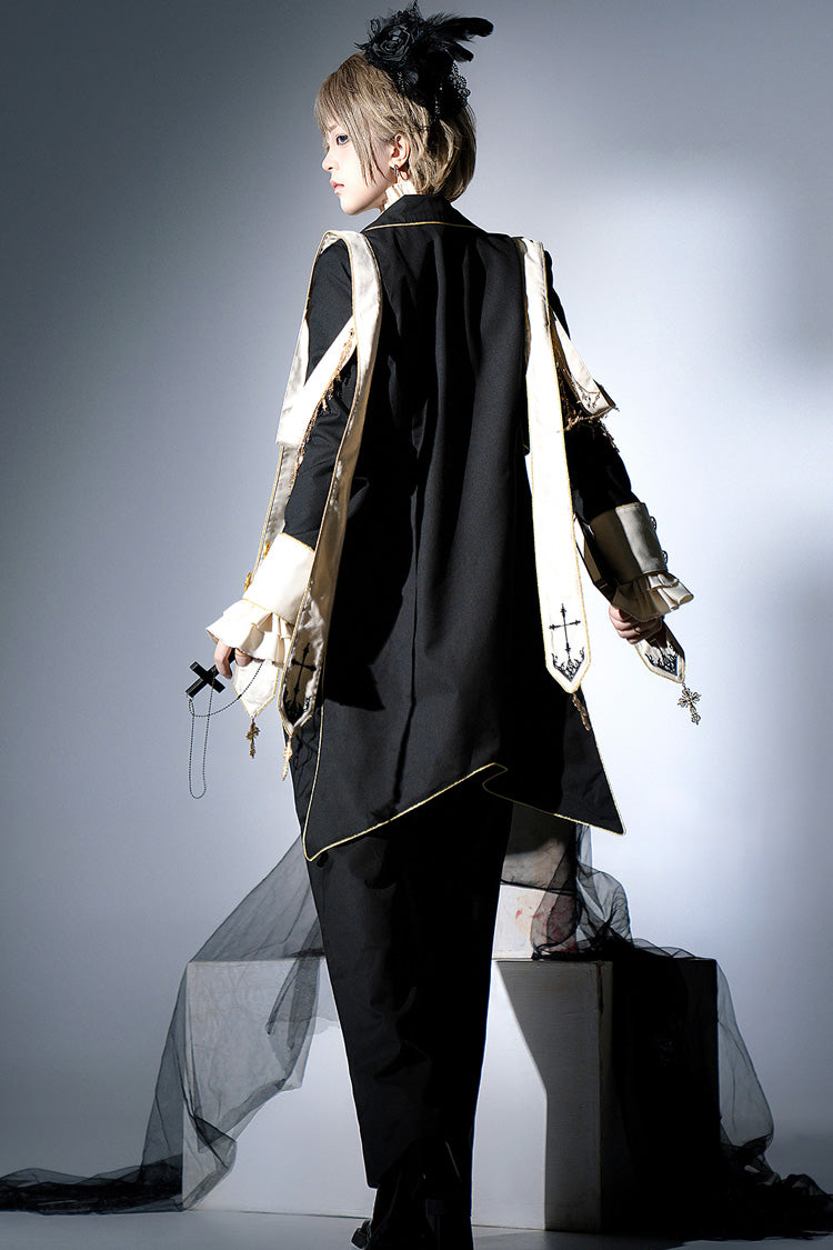 Black Long Sleeves Print Gothic Prince Handsome Ouji Lolita Swallowtail Coat - Product - 8