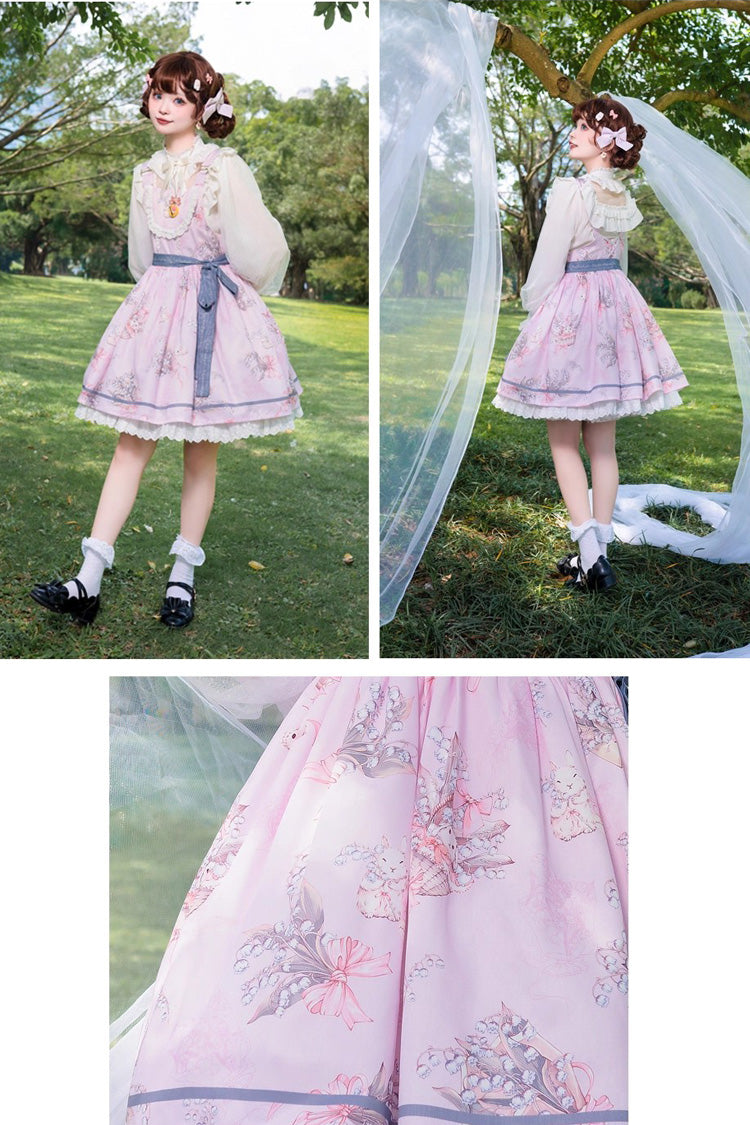 Pink [Lily of the Valley Rabbit] Sleeveless Print Ruffle Bowknot Daily Sweet Lolita Strap Dress - Product - 4