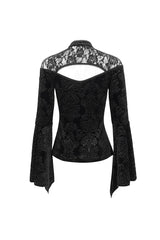 Black Lace Cutout Round Collar Flared Sleeved Floral Embossed Women's Gothic Shirt - Product - 11