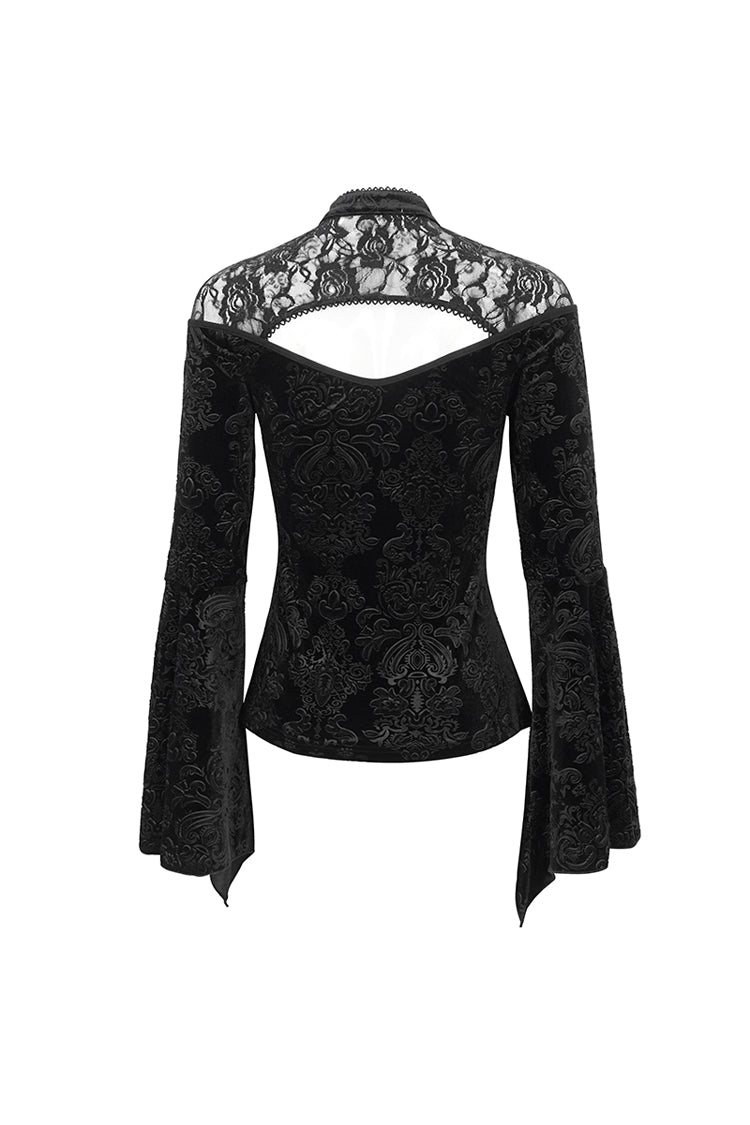 Black Lace Cutout Round Collar Flared Sleeved Floral Embossed Women's Gothic Shirt - Product - 11