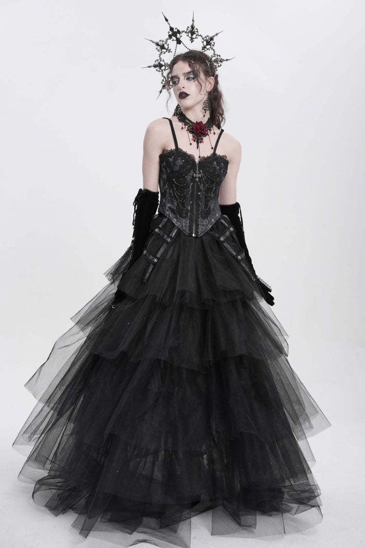 Black Sleeveless Embroidery Lace Chain Women's Gothic Vest - Product - 10