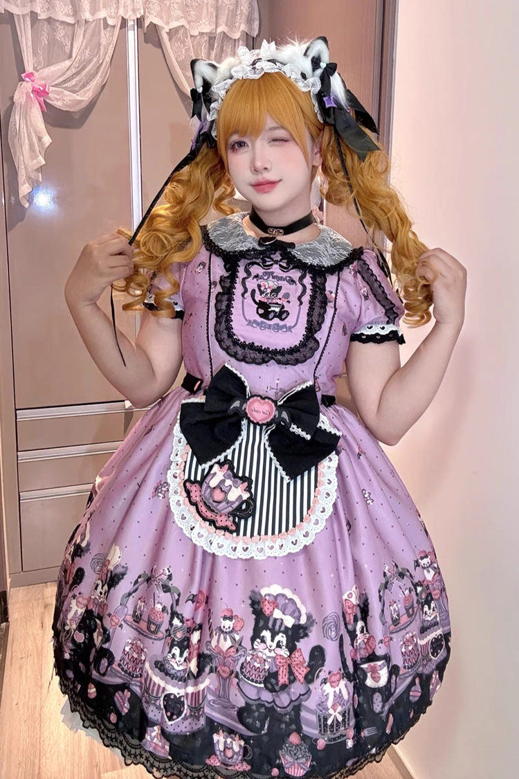 Purple [Devil Cat] Print Short Sleeves Ruffle Bowknot Lace Gothic Lolita OP Dress (Plus Size Support) - Product - 7