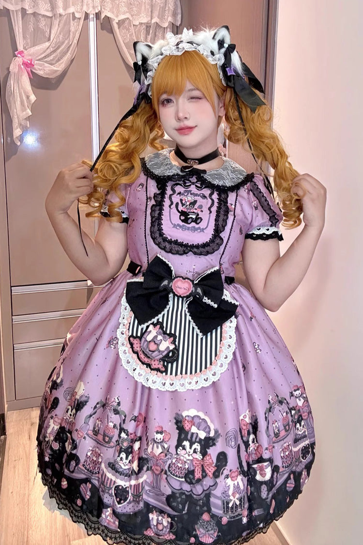 Purple [Devil Cat] Print Short Sleeves Ruffle Bowknot Lace Gothic Lolita OP Dress (Plus Size Support) - Product - 7