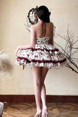 Red/White Halterneck Romantic Rose Print Ruffle Bowknot Sweet Chinese Style Lolita Dress - Product - 7