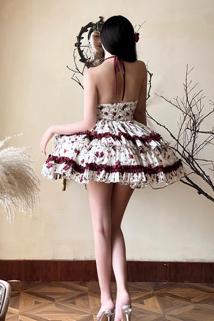 Red/White Halterneck Romantic Rose Print Ruffle Bowknot Sweet Chinese Style Lolita Dress - Product - 7