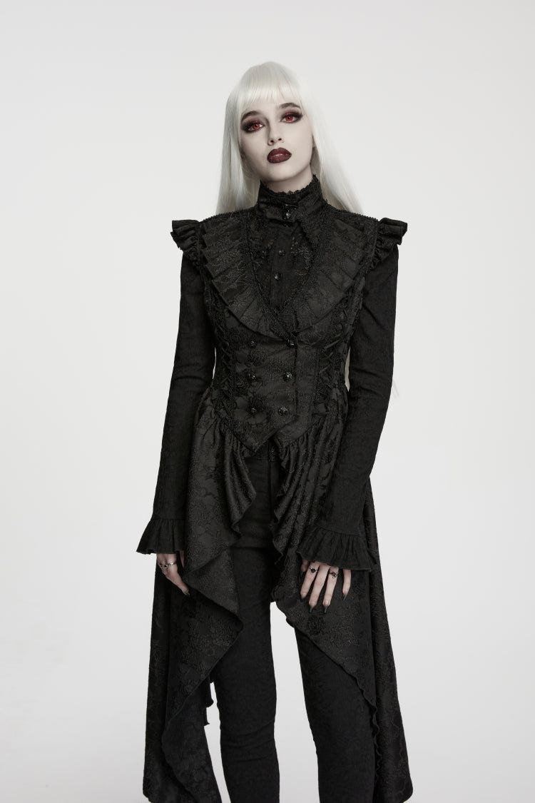 Black Stand Collar Sleeveless Jacquard Cut-Out Lace-Up Asymmetric Women's Gothic Elegant Vest - Black - 1