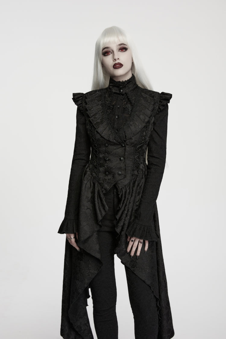 Black Stand Collar Sleeveless Jacquard Cut-Out Lace-Up Asymmetric Women's Gothic Elegant Vest - Black - 1