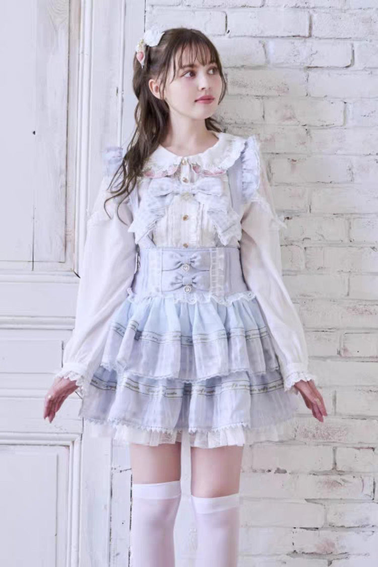 Sweet High Waisted Double-Layered Ruffle Bowknot Stitching Lace Plus Size Japanese Lolita Strap Dress 3 Colors - Blue - 4