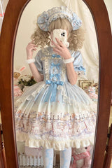 Blue [Angel Lamb] Lapel Collar Short Sleeves Printed Ruffled Bow Sweet Lolita Dress - Product - 5