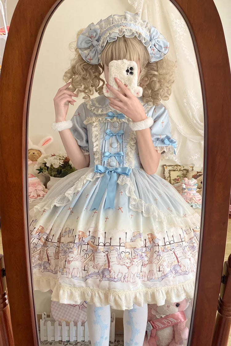 Blue [Angel Lamb] Lapel Collar Short Sleeves Printed Ruffled Bow Sweet Lolita Dress - Product - 5