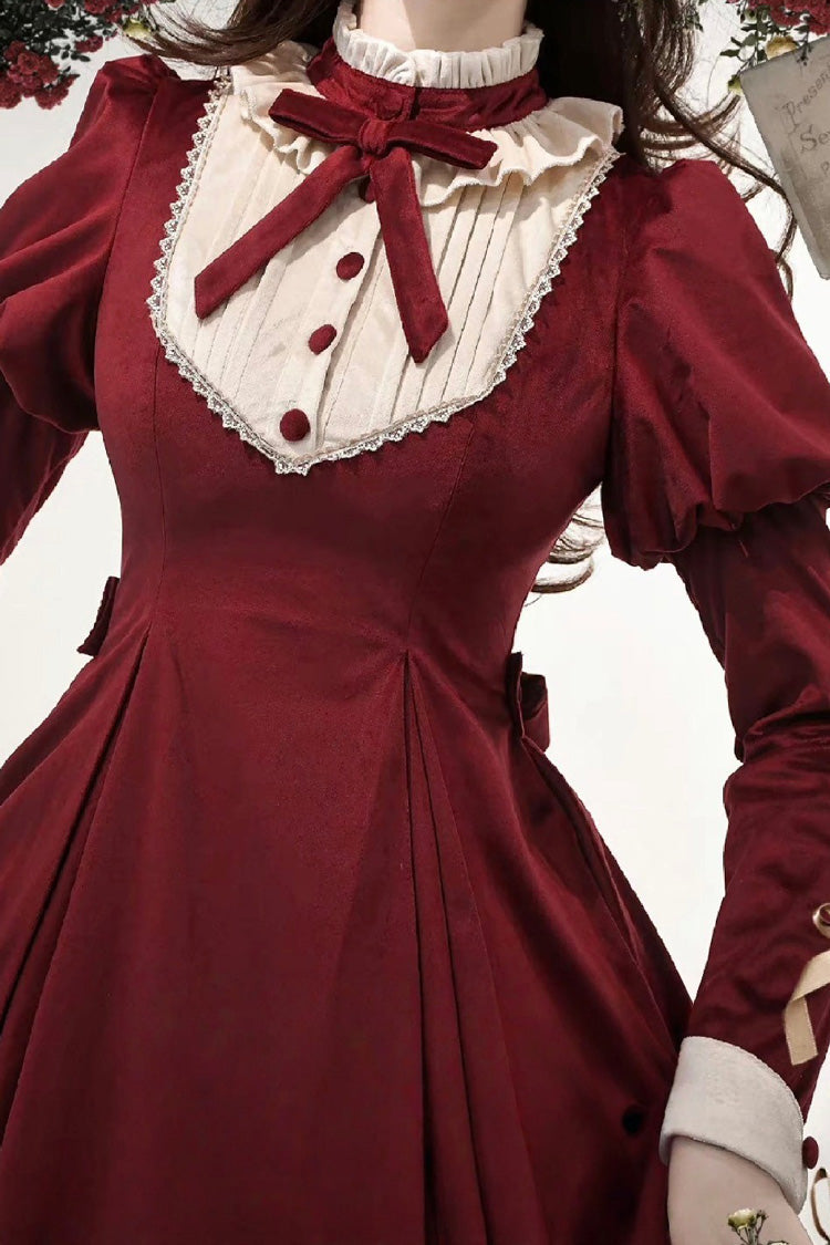 Wine Red [New Year] Stand Collar Long Sleeves Ruffled Bow Classic Lolita Dress - Product - 8