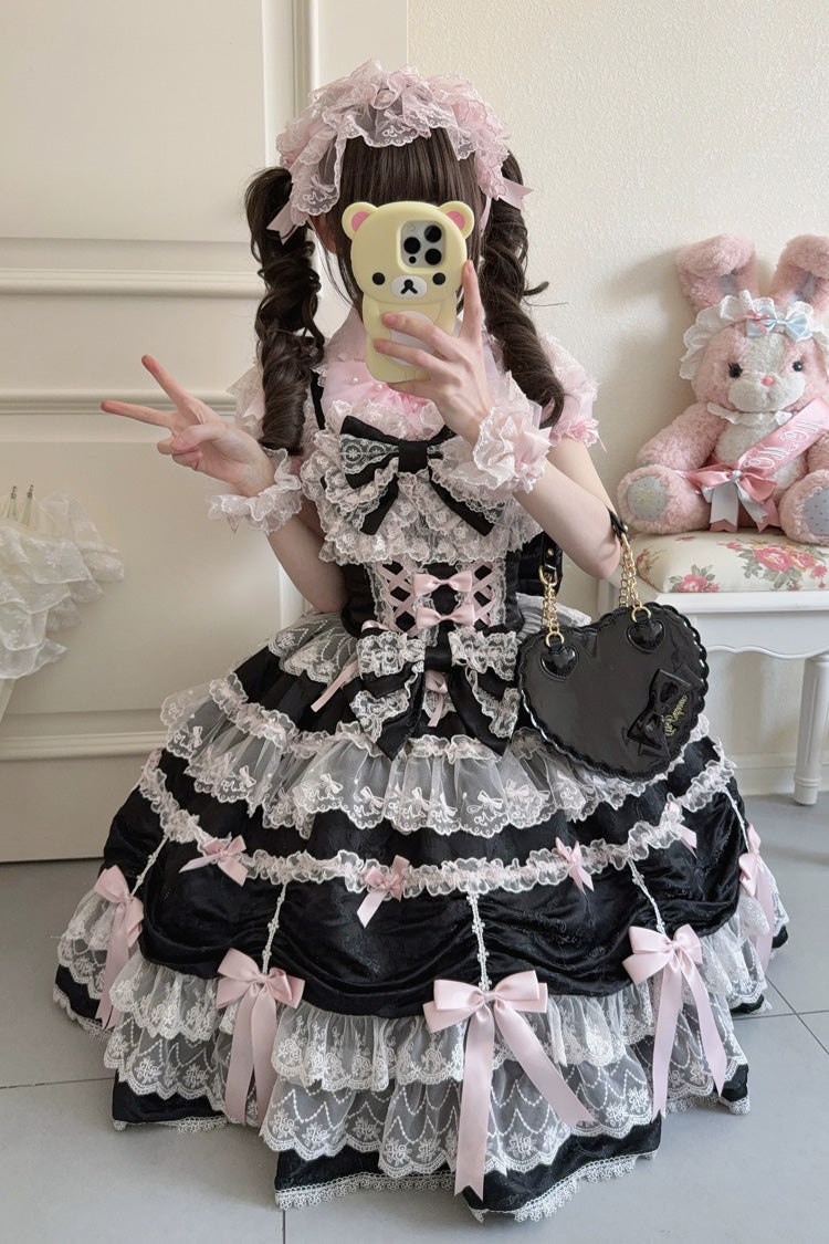 Black/Pink [Silk Satin Gift Box] Square Collar Sleeveless Multi-Layered Ruffled Bow Lace Sweet Lolita Jsk Dress - Product - 7