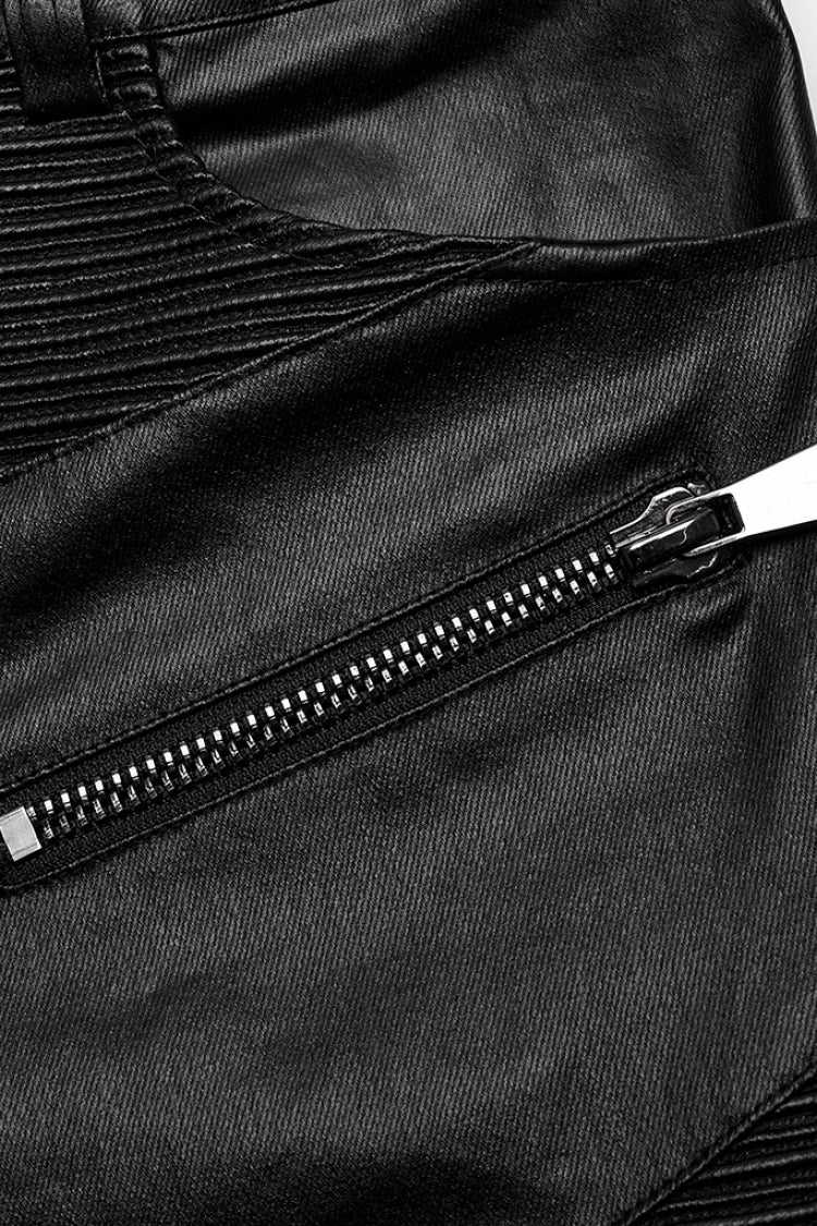 Black Zipper Men's Punk Faux Leather Pants - Product - 7