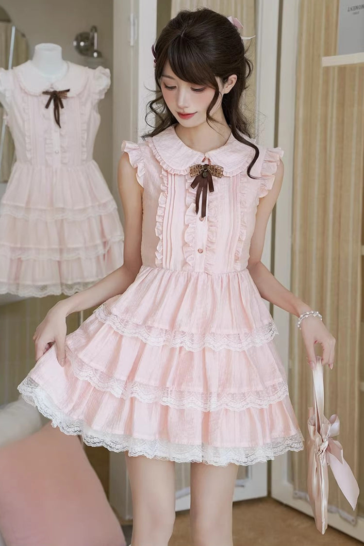 Pink Doll Collar Triple-Layered Ruffled Bow Lace Sweet Lolita Dress - Product - 8