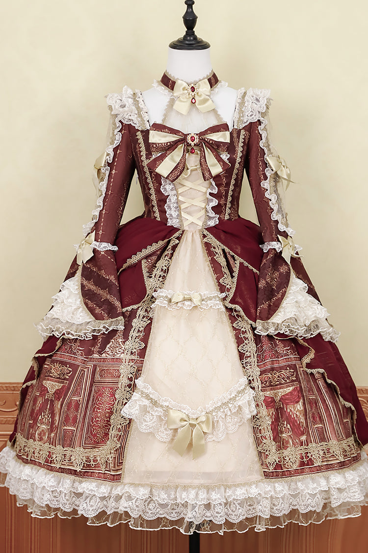 Red Baroque Palace Print Lace Classic Princess Lolita Dress - Product - 3