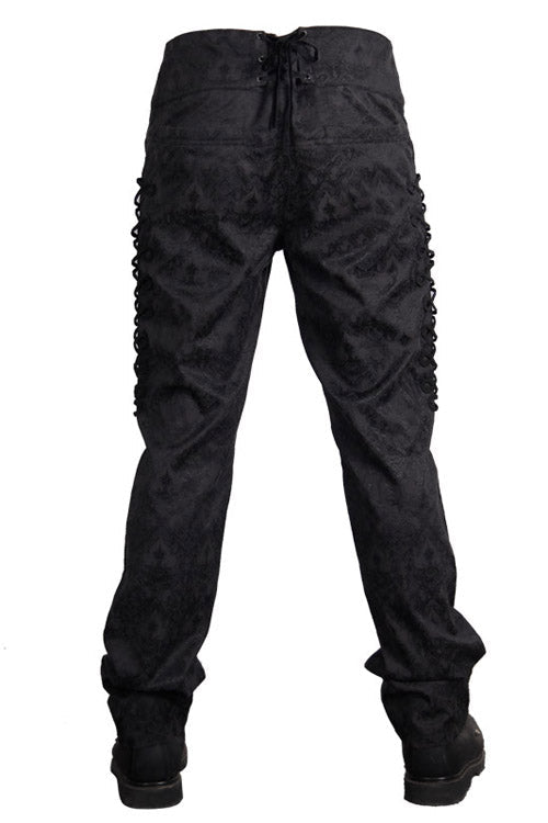 Black Side Discoid Flowers Back Waist Lace Up Gothic Jacquard Mens Pants - Product - 10