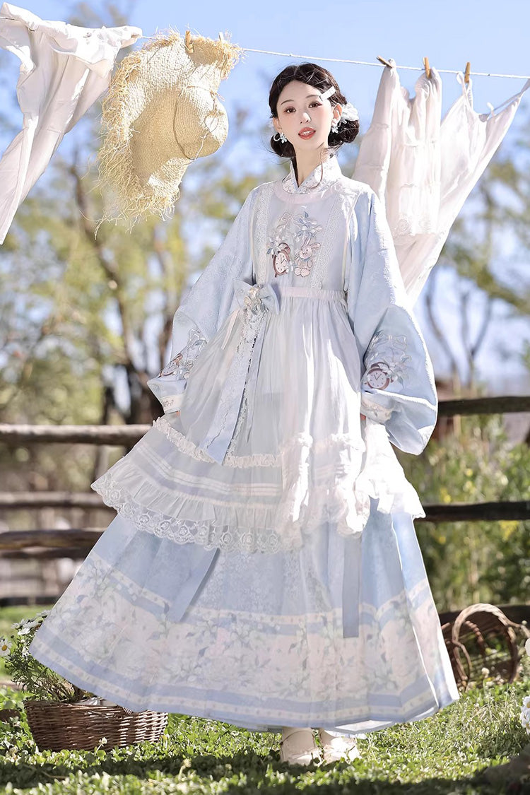 Light Blue [Alice in the Illusion] Stand Collar Pastoral-StylePrinted Bow Lace Chinese Style Vintage Lolita Ma Mian Skirt Set - Product - 6