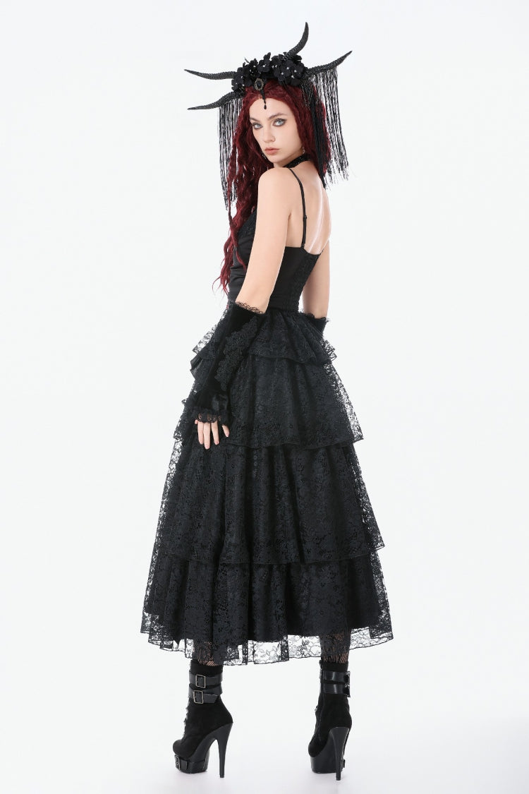 Black Sleeveless Multi-Layered Lace Ruched Women's Gothic Slip Maxi Dress Wedding Dress - Product - 12
