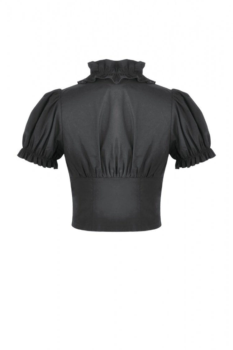 Black Women's Punk Ruffled V Collar Short Puff Sleeves Buckled Waist Zippered Crop Top - Product - 15