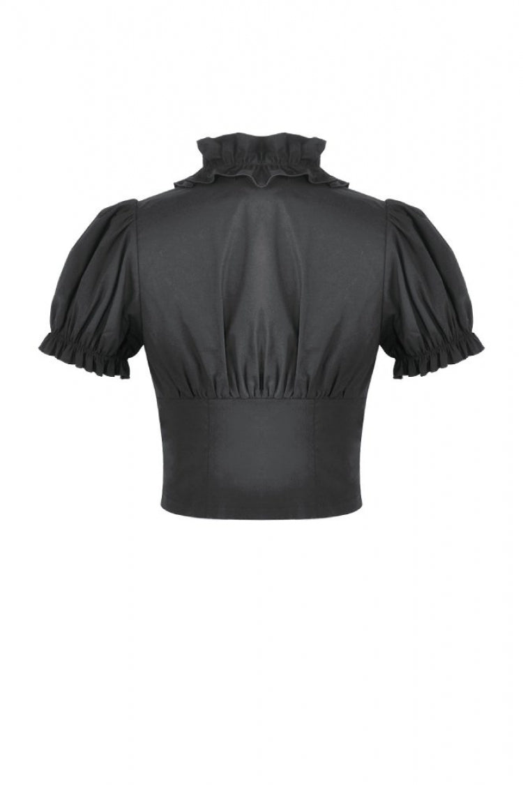 Black Women's Punk Ruffled V Collar Short Puff Sleeves Buckled Waist Zippered Crop Top - Product - 15