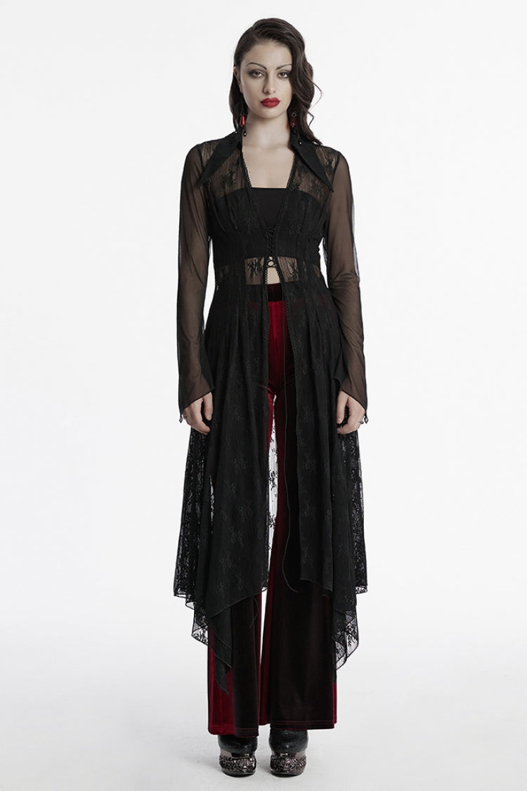 Black V Collar Long Sleeves Lace Sheer Women's Gothic Cardigan Coat - Black - 1