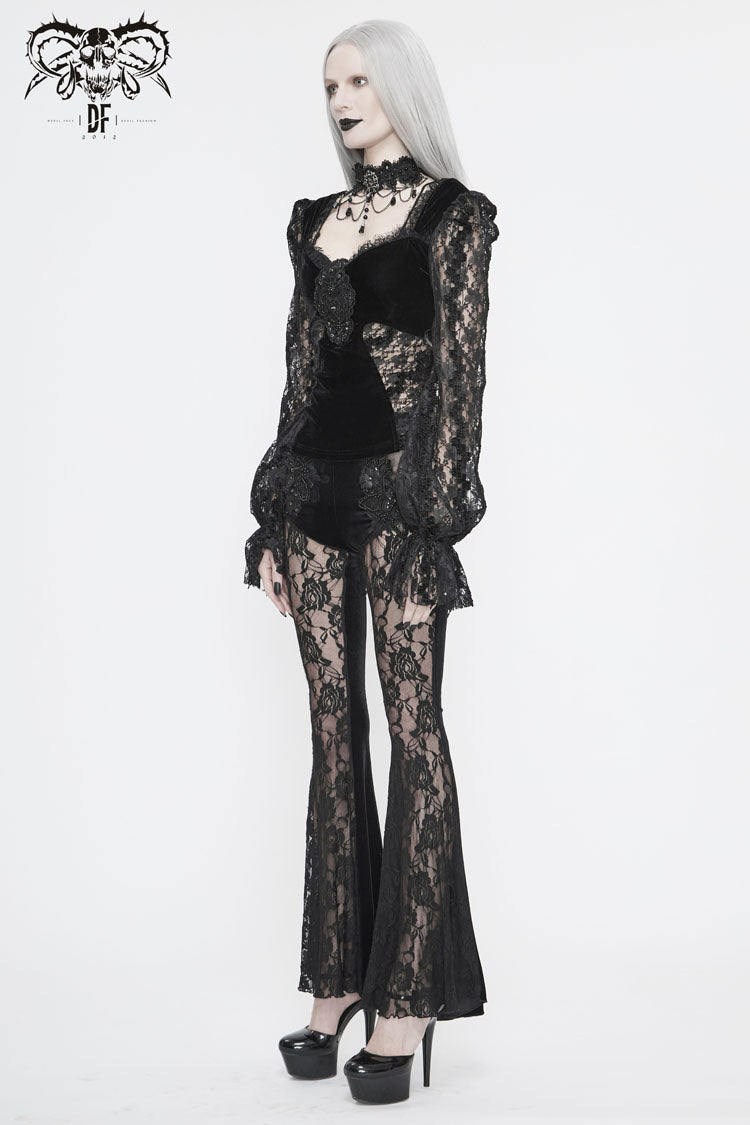 Black Front Chest Decals Lantern Sleeve Lace Cuff Back Lace-Up Knitted Velvet Women's Gothic T-Shirt - Product - 6