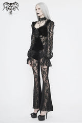 Black Front Chest Decals Lantern Sleeve Lace Cuff Back Lace-Up Knitted Velvet Women's Gothic T-Shirt - Product - 6