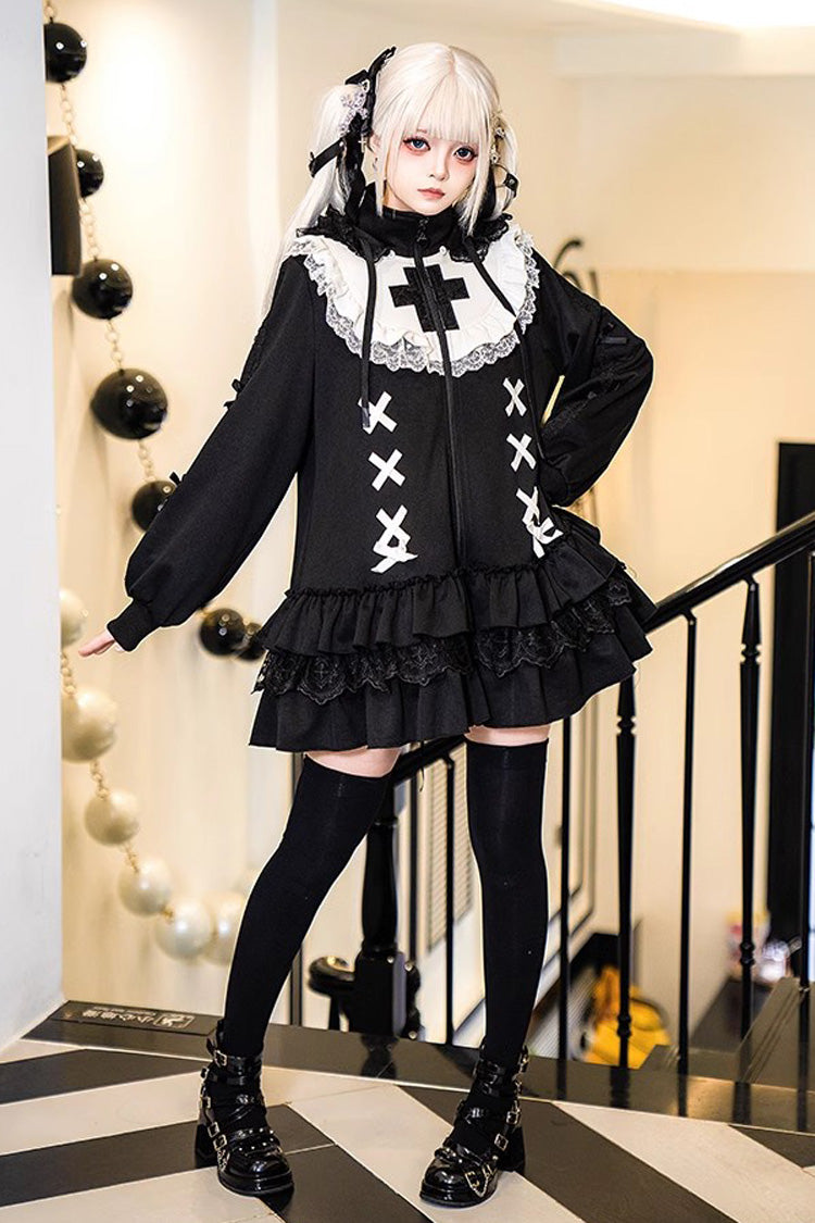 Black Long Sleeves Ruffle Zipper Sweet Handsome Lolita Sweatshirt Coat - Product - 4