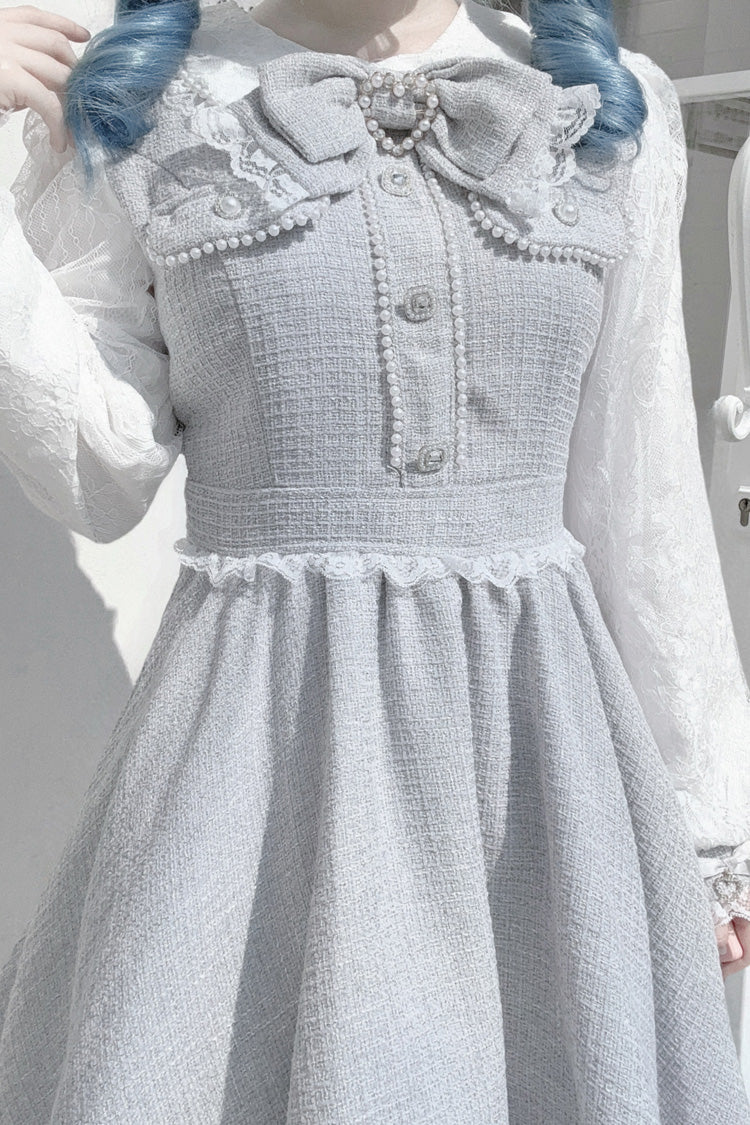 Grey Long Sleeves Bowknot Lace Pearl Sweet Jirai Kei Dress - Product - 2