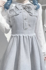 Grey Long Sleeves Bowknot Lace Pearl Sweet Jirai Kei Dress - Product - 2