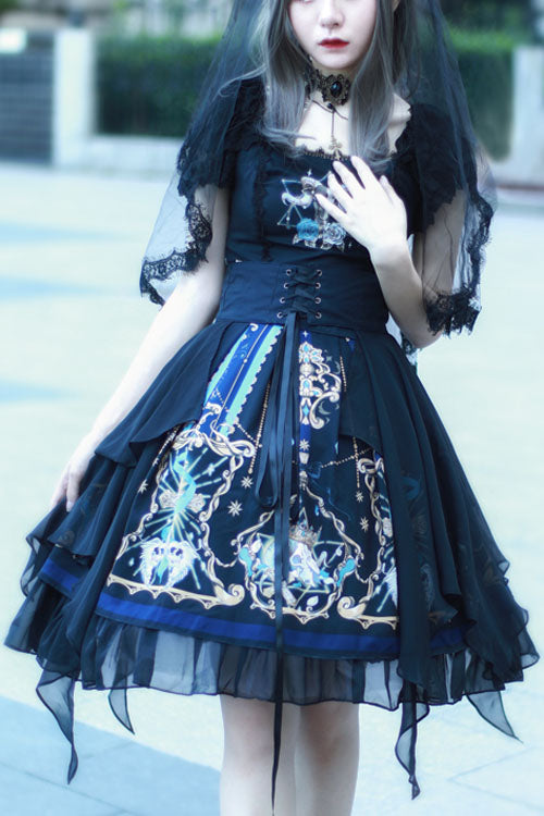Black God's Salvation Square Collar Short Sleeves Lace Ruffled Gothic Lolita OP Dress - Black - 1