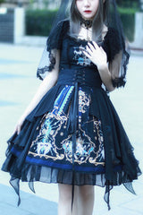 Black God's Salvation Square Collar Short Sleeves Lace Ruffled Gothic Lolita OP Dress - Black - 1