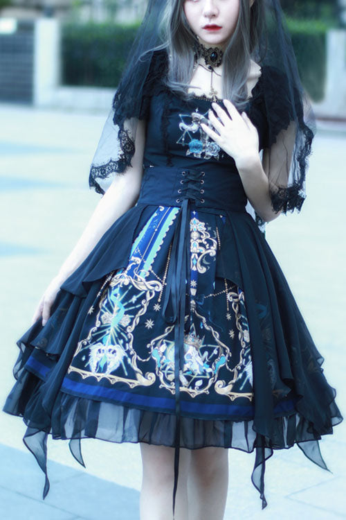 Black God's Salvation Square Collar Short Sleeves Lace Ruffled Gothic Lolita OP Dress - Black - 1